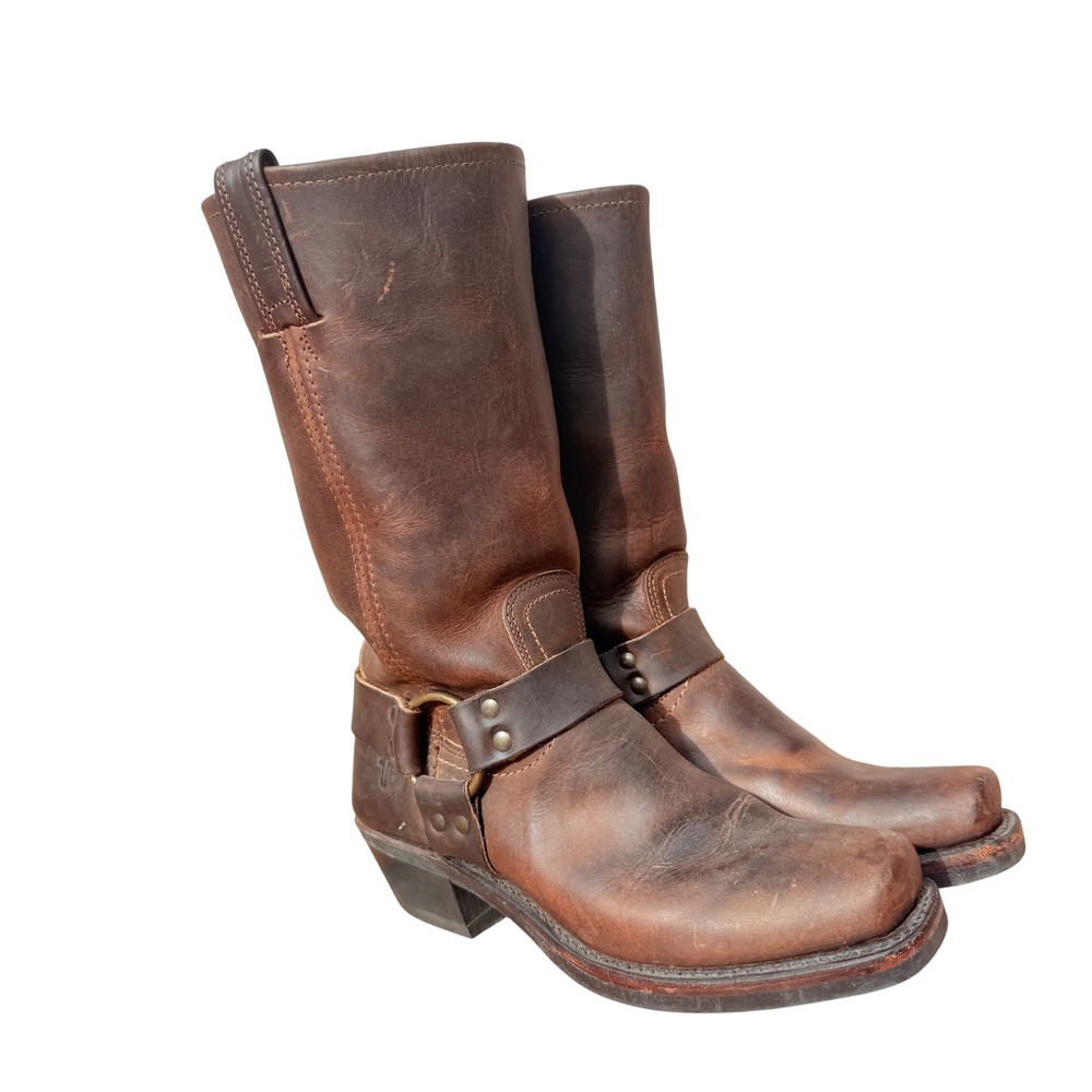Frye Harness 12R Boots Women 7 Brown Leather Square Toe Biker Moto 77300